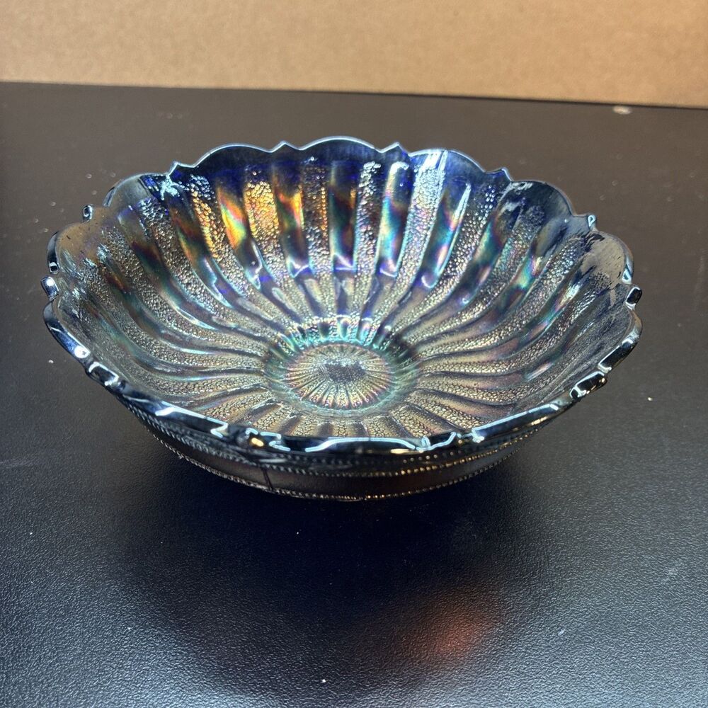 Fenton Carnival Glass Cobalt blue Scale Band Stippled Rays Bowl